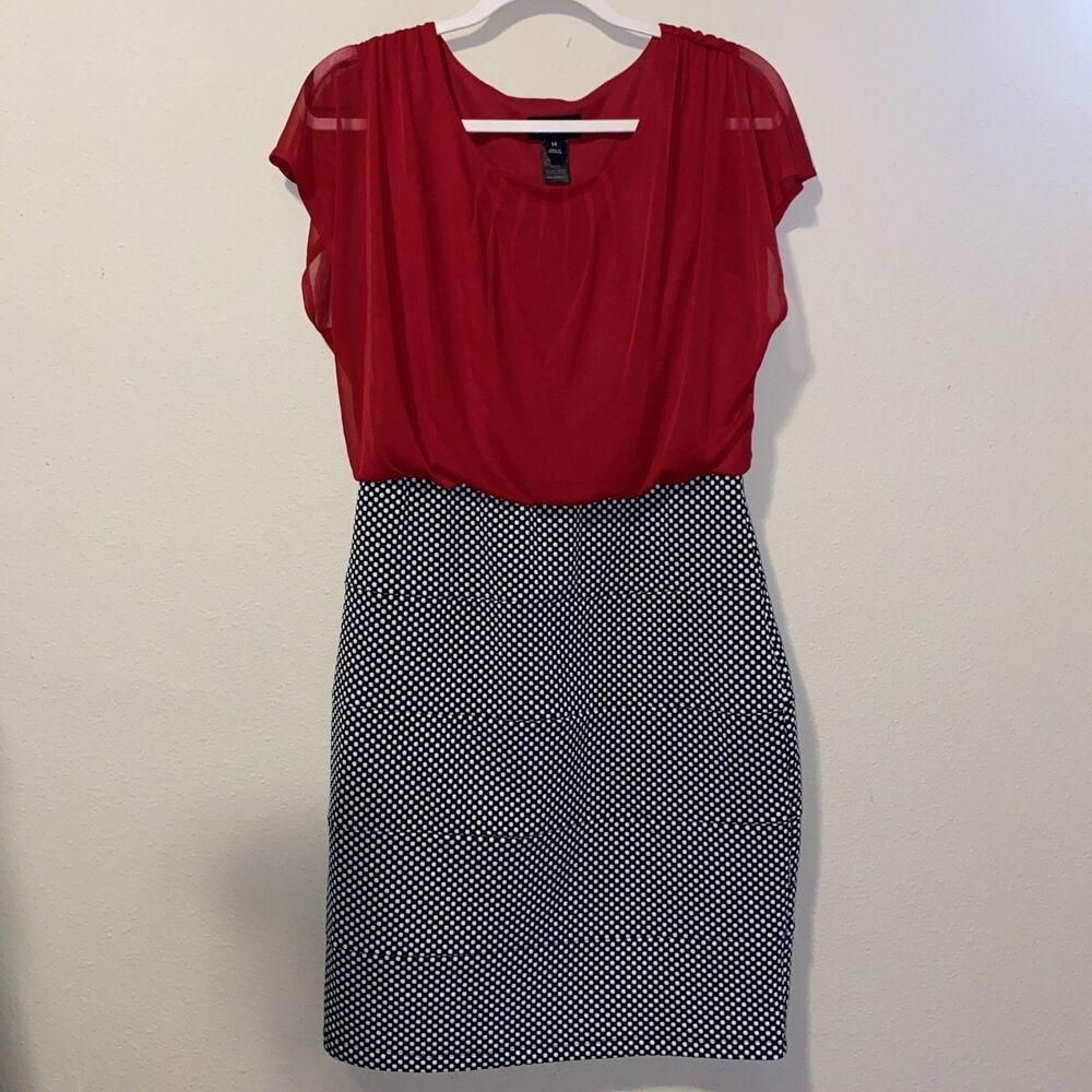 Enfocus Studio Bodycon Midi Dress Red W/ Black/White Polka Dots